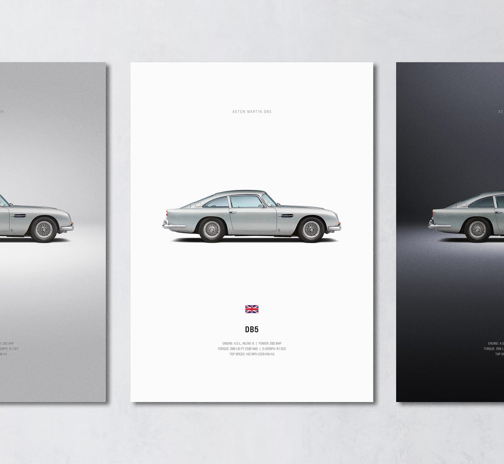 silver aston martin db5 minimalist wall art poster trio showing side profile and engine specs