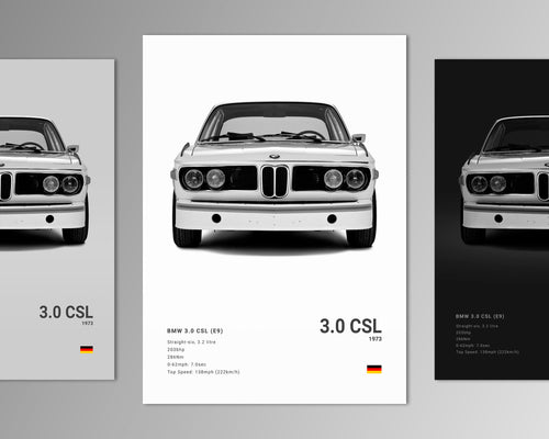 3.0 csl e9 front profile car poster black and white minimalist design