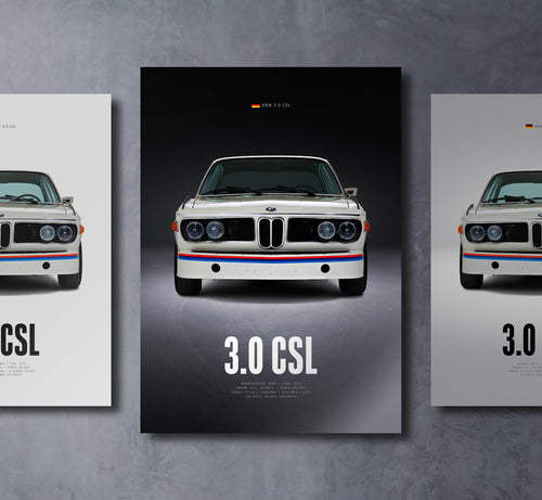 3.0 csl front view dark moody car wall art poster with bold text