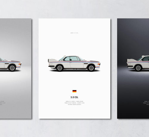 white 3.0 csl minimalist wall art poster trio showing side profile and engine specs