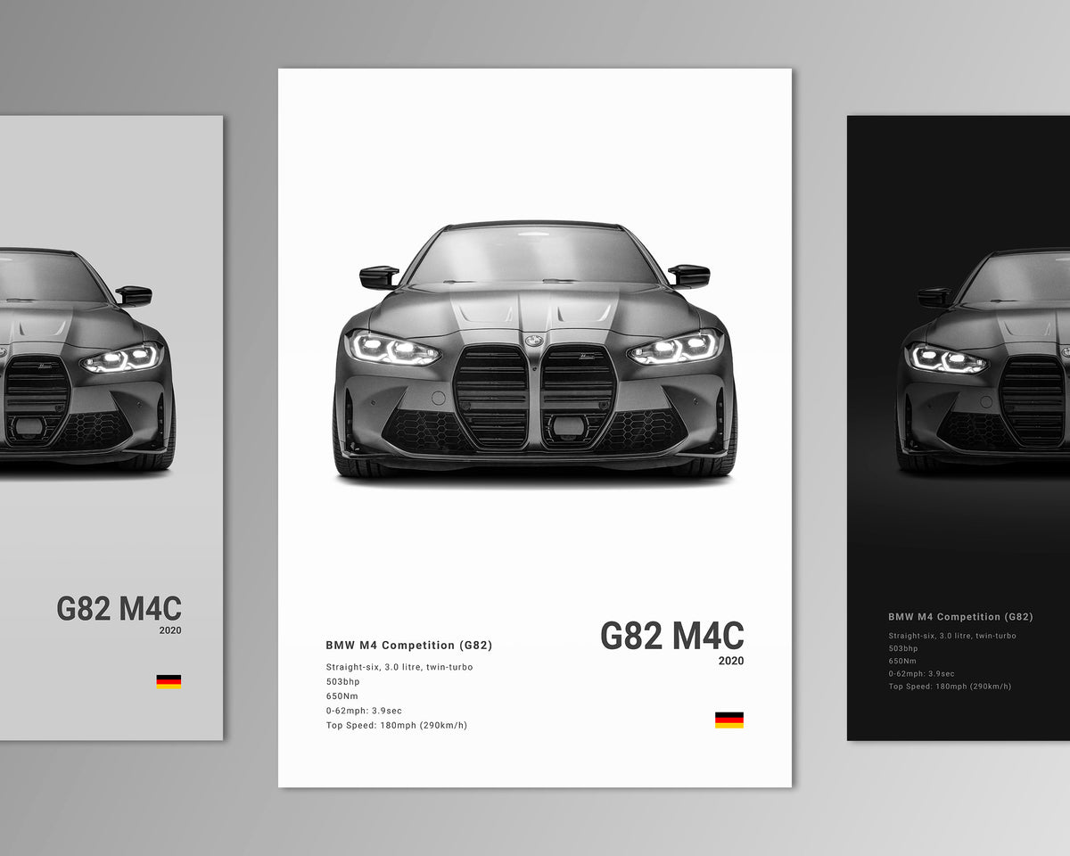 g82 m4 competition front profile car poster black and white minimalist design
