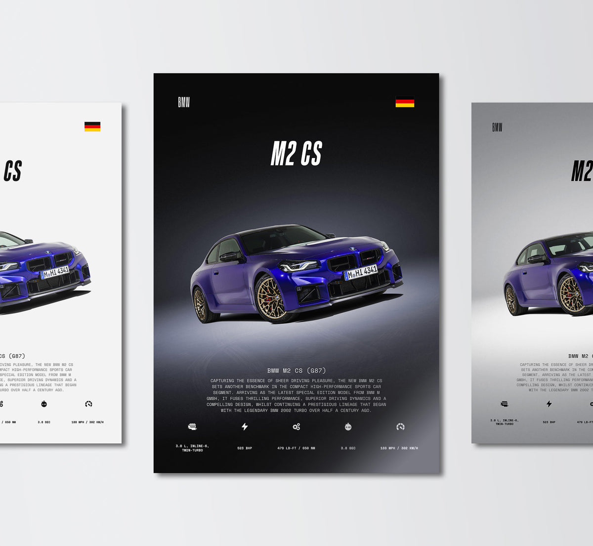 purple g87 m2 cs wall art poster trio showing front 3/4 view profile and engine technical specs