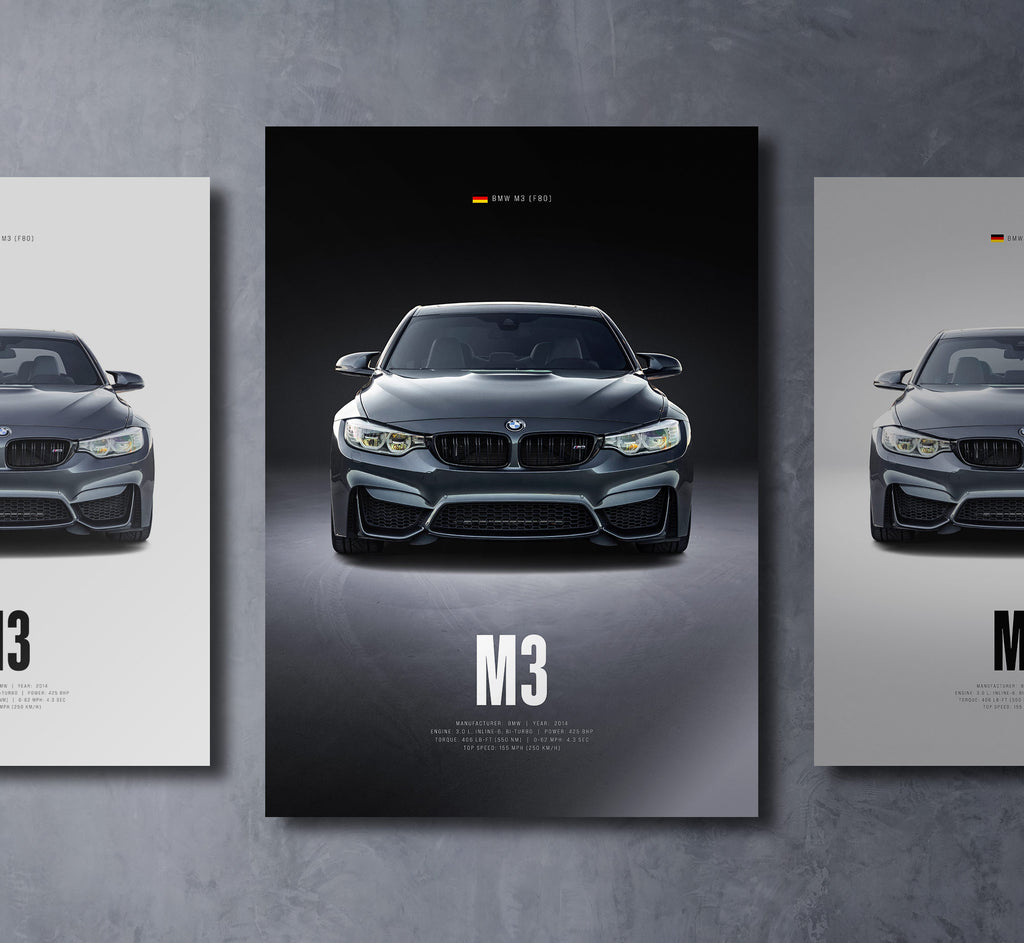 f80 m3 front view dark moody car wall art poster with bold text