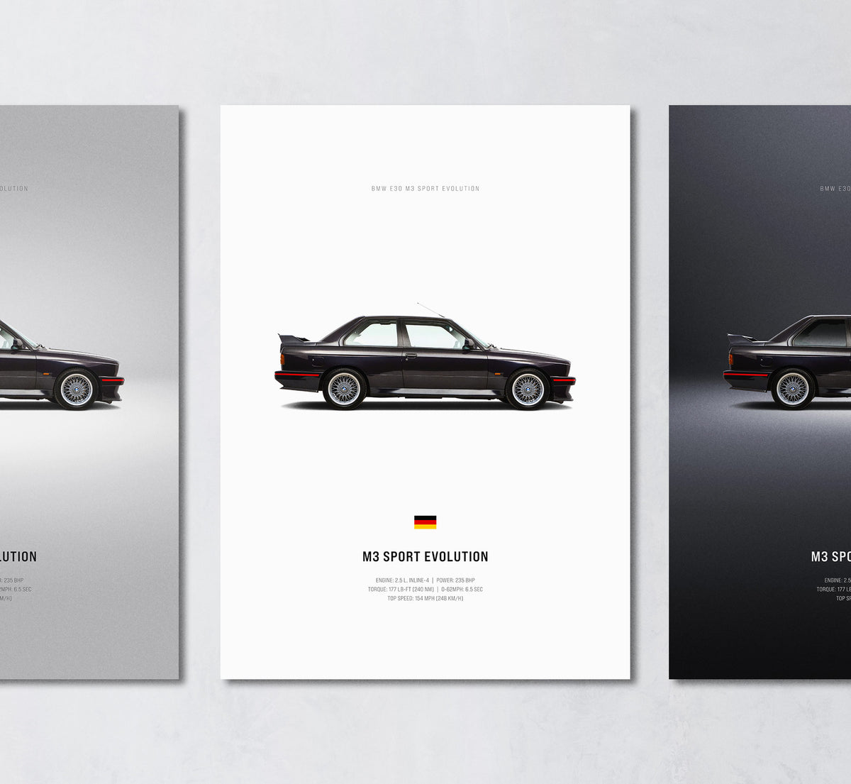 black e30 m3 sport evolution minimalist wall art poster trio showing side profile and engine specs