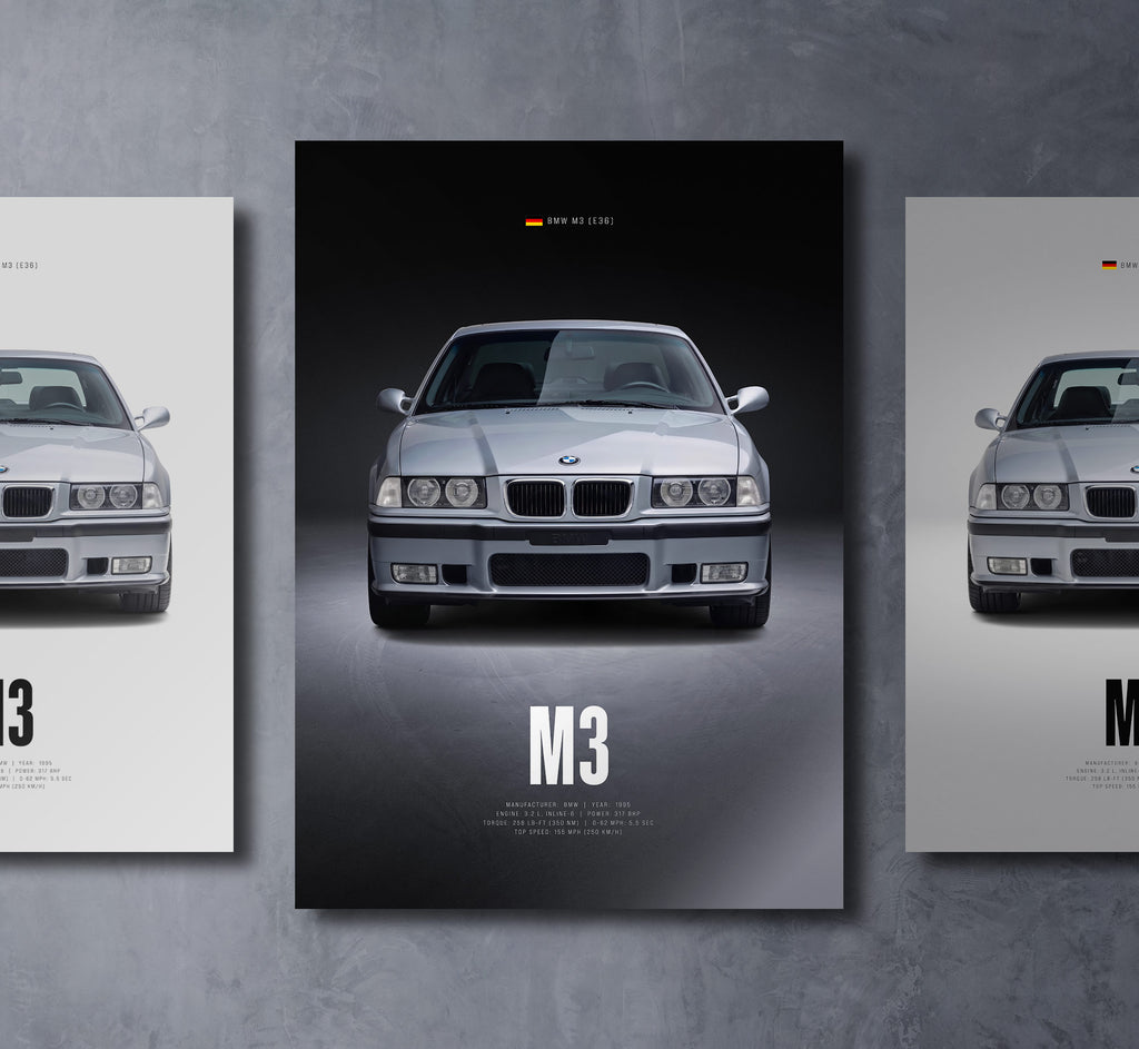 e36 m3 front view dark moody car wall art poster with bold text