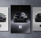 e92 m3 front view dark moody car wall art poster with bold text