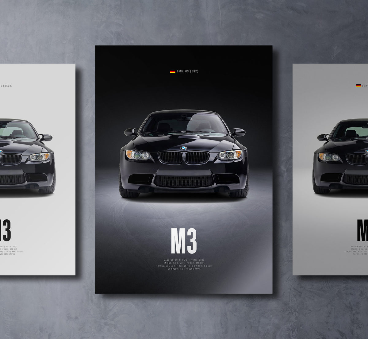 e92 m3 front view dark moody car wall art poster with bold text