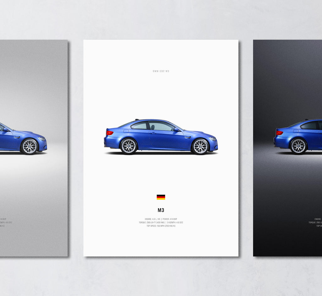 blue e92 m3 minimalist wall art poster trio showing side profile and engine specs