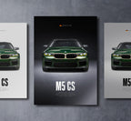 m5 cs f90 front view dark moody car wall art poster with bold text