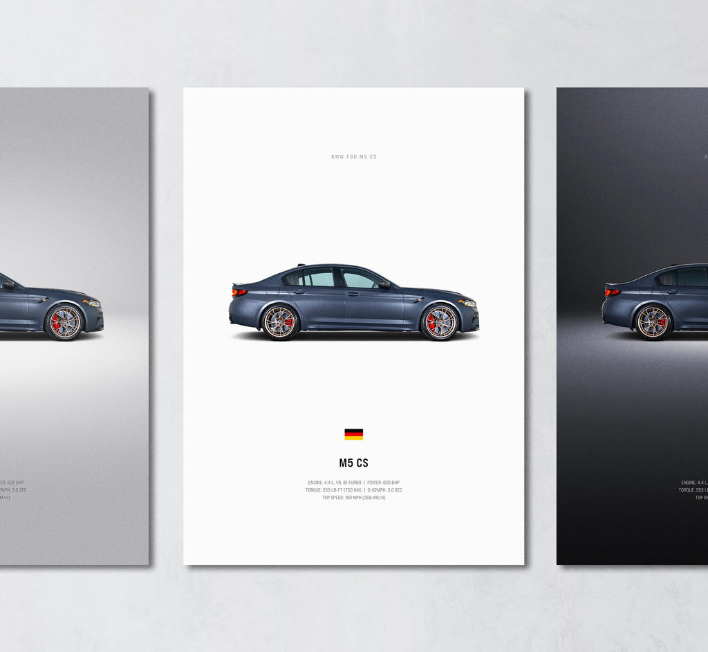 grey black m5 cs f90 minimalist wall art poster trio showing side profile and engine specs