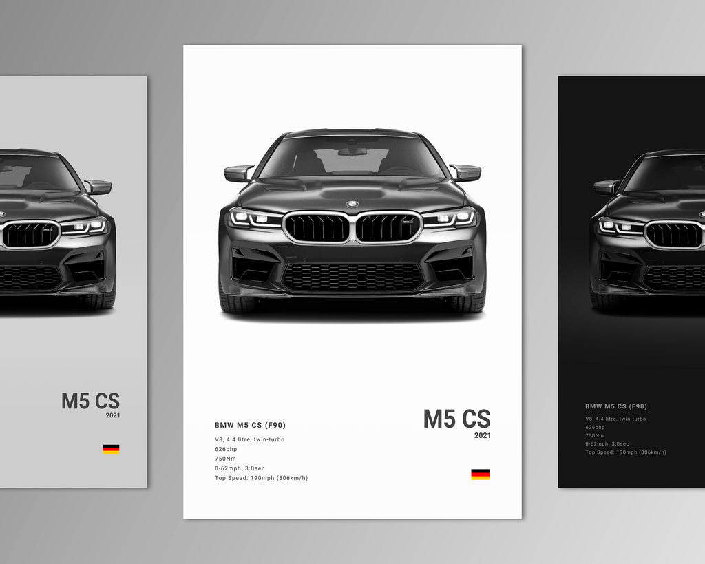 f90 m5 cs front profile car poster black and white minimalist design
