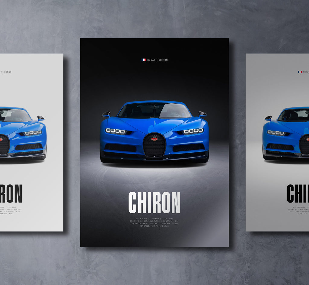 bugatti chiron front view dark moody car wall art poster with bold text