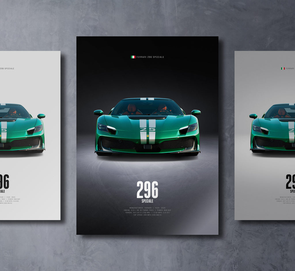 ferrari 296 speciale front view dark moody car wall art poster with bold text