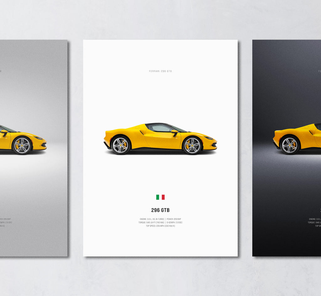 yellow ferrari 296 minimalist wall art poster trio showing side profile and engine specs