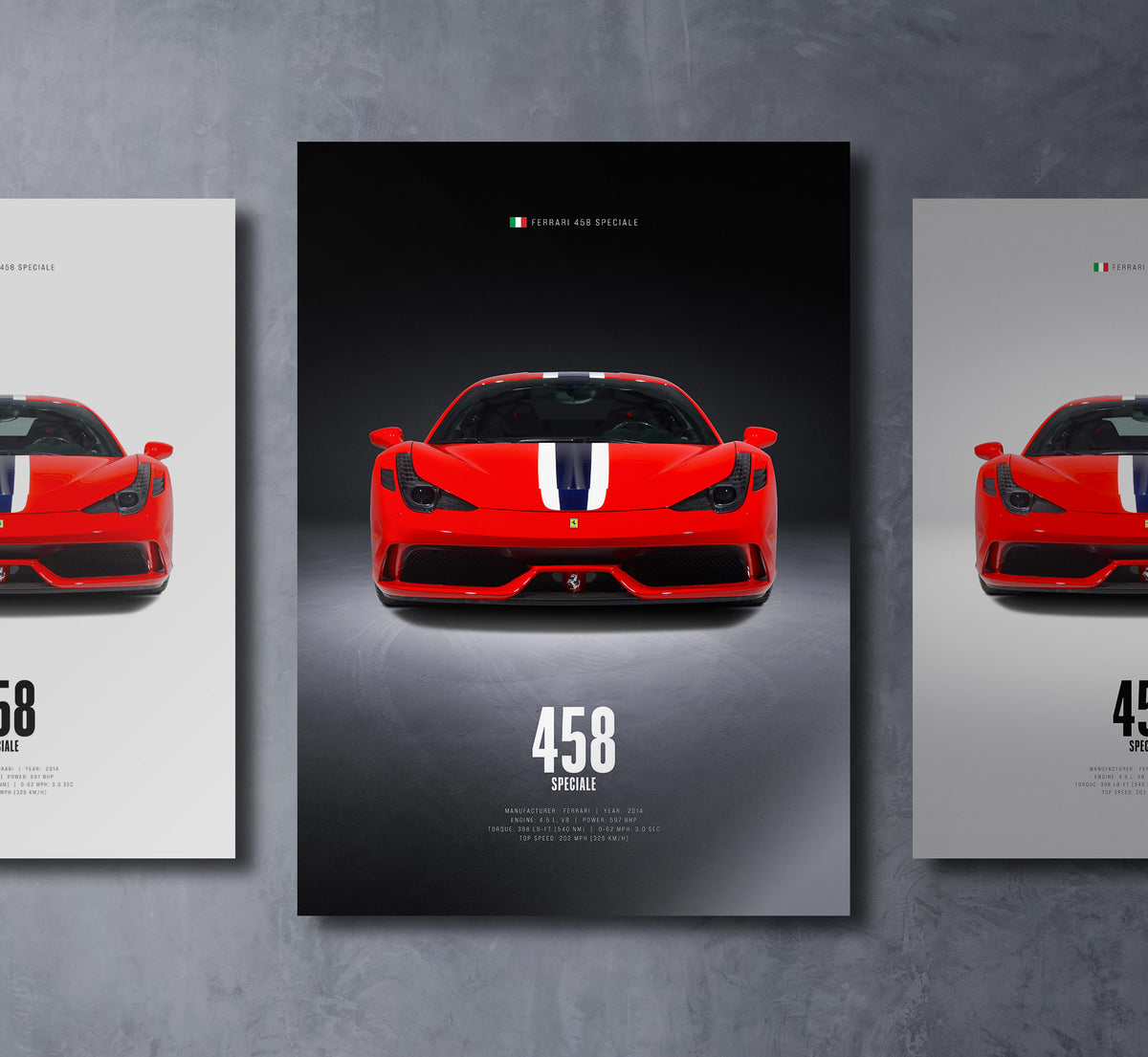 ferrari 458 speciale front view dark moody car wall art poster with bold text