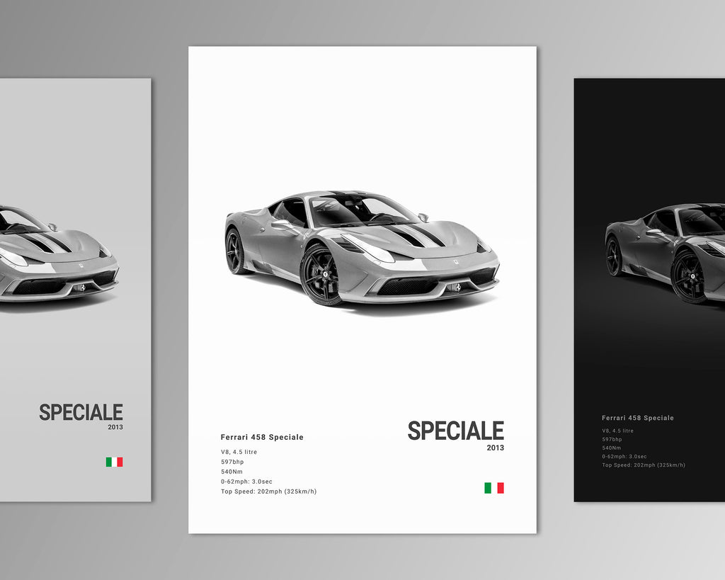 ferrari 458 speciale front profile car poster black and white minimalist design