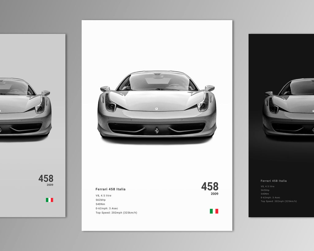 ferrari 458 italia front profile car poster black and white minimalist design