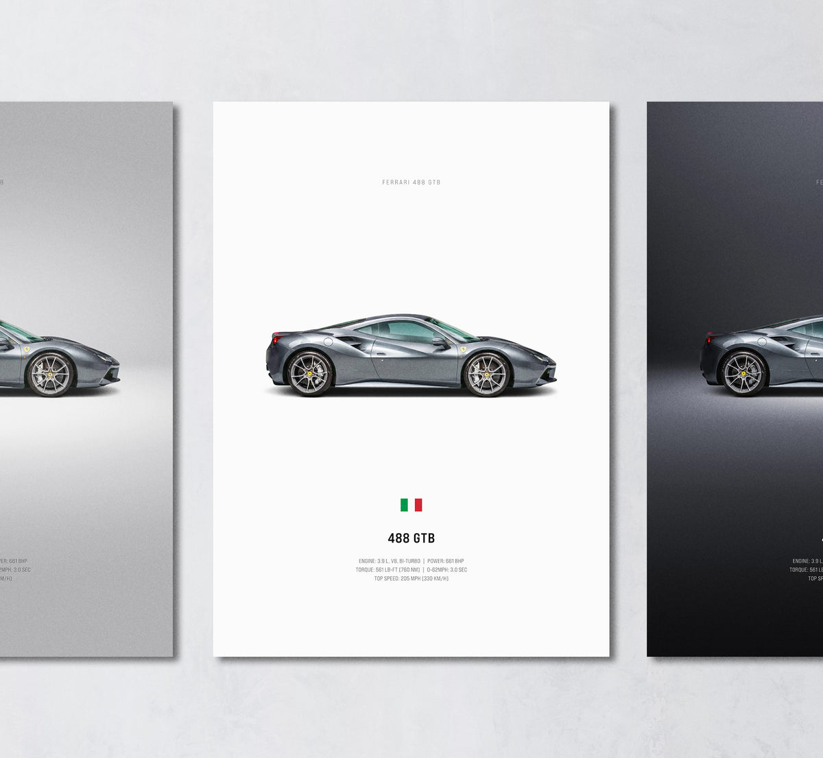 silver grey ferrari 488 gtb minimalist wall art poster trio showing side profile and engine specs
