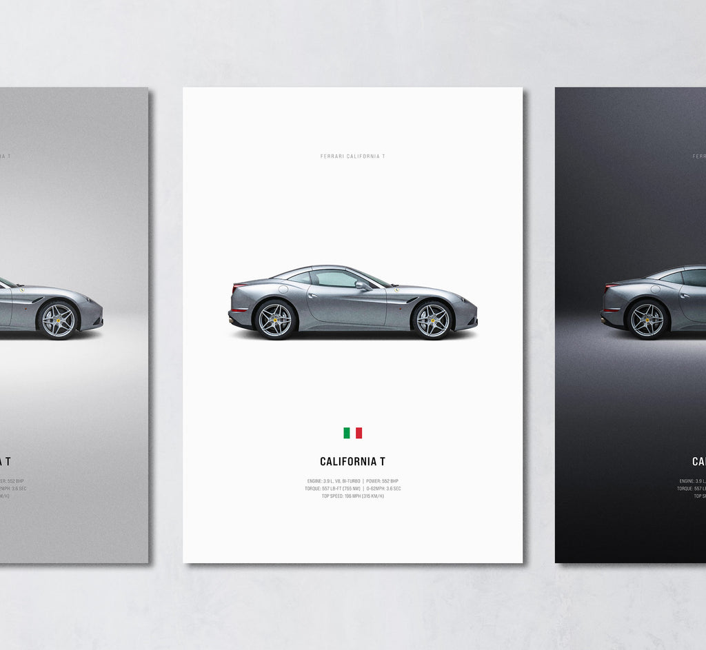 silver blue ferrari california t minimalist wall art poster trio showing side profile and engine specs