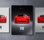 red ferrari f40 front view dark moody car wall art poster with bold text