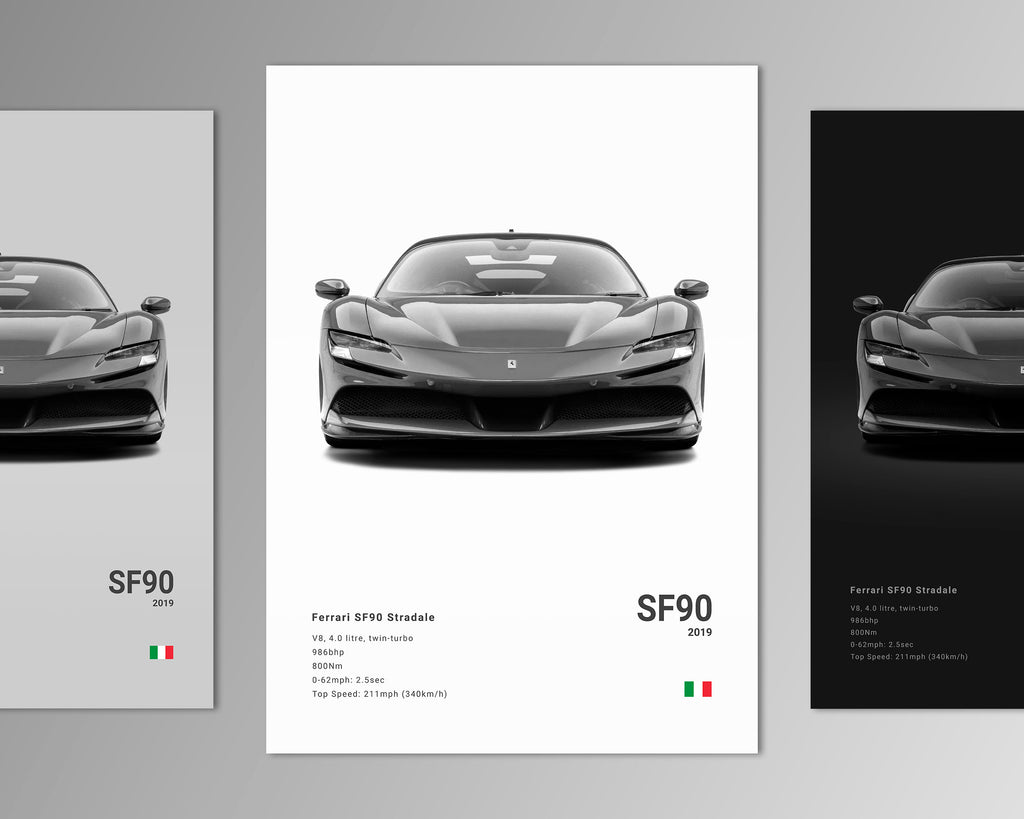 ferrari sf90 front profile car poster black and white minimalist design