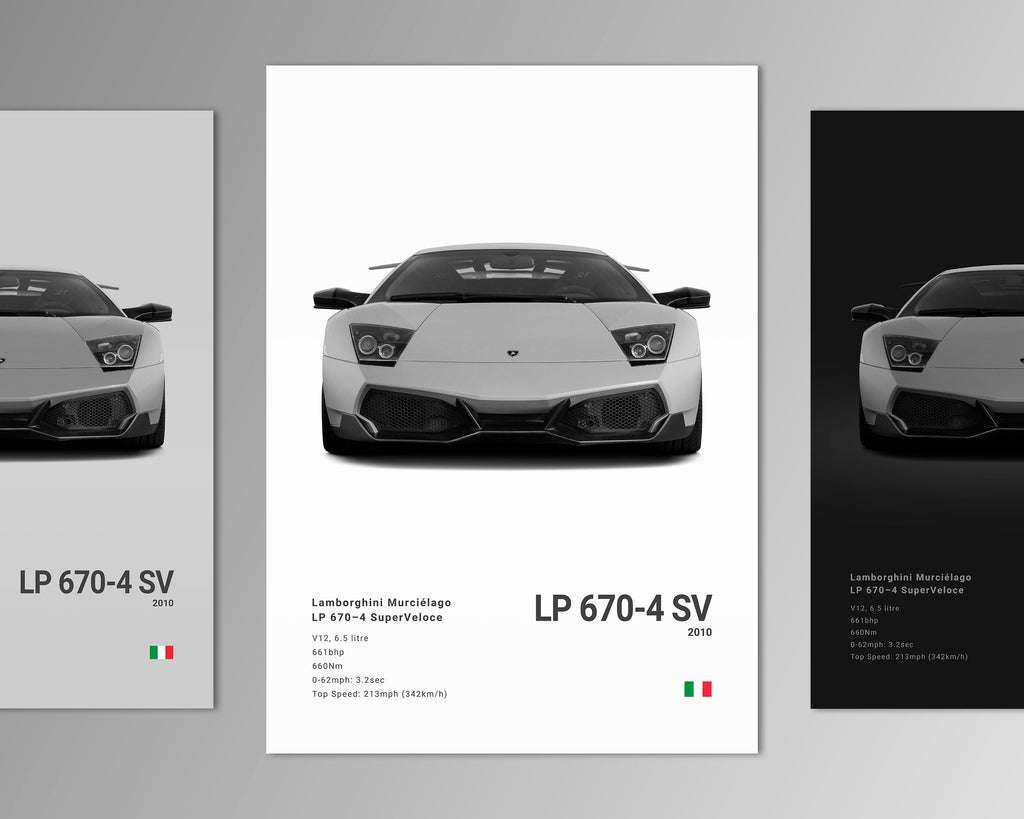 lamborghini murcielago lp 670-4 sv front profile car poster black and white minimalist design