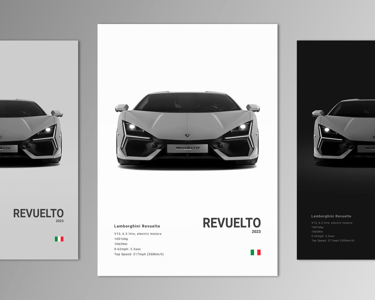 lamborghini revuelto front profile car poster black and white minimalist design