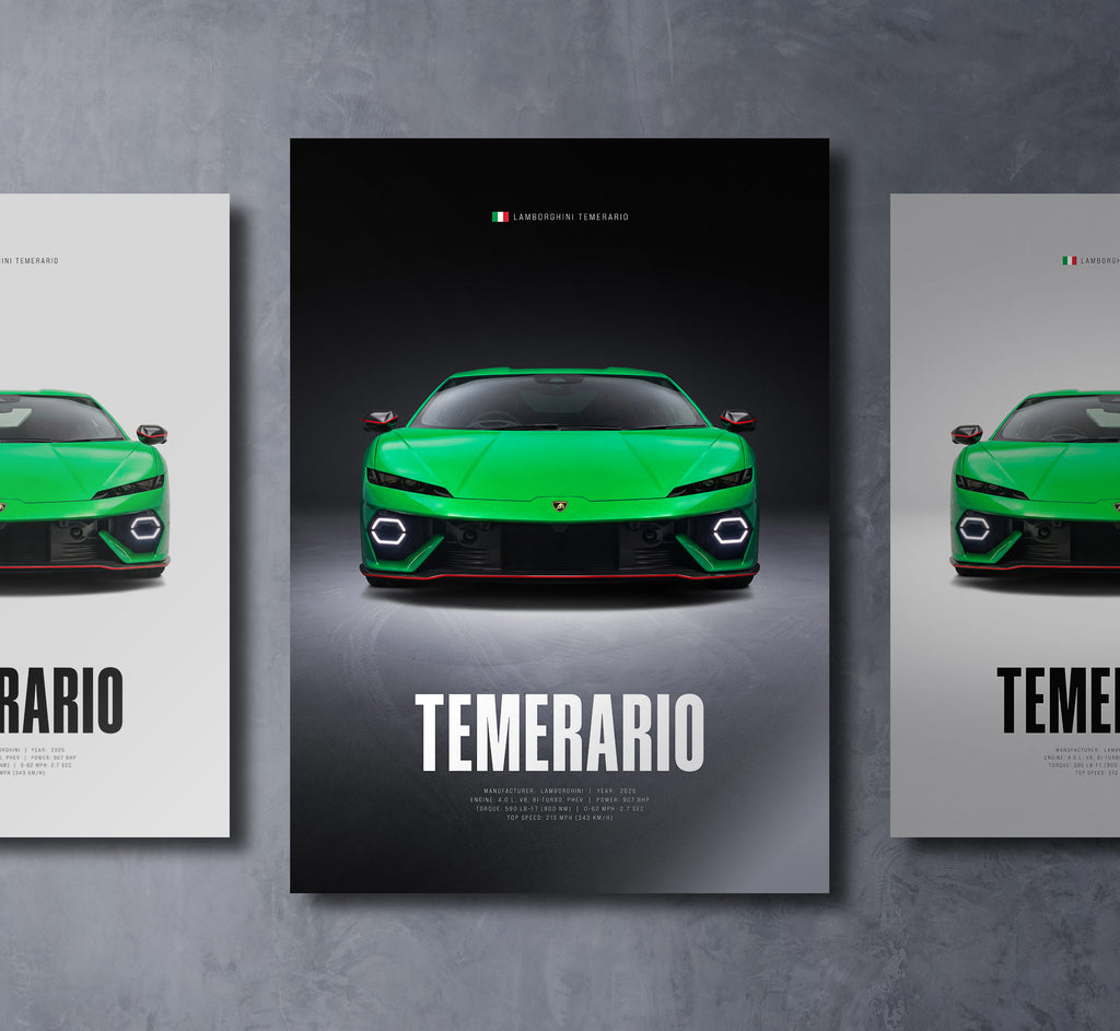green lamborghini temerario front view dark moody car wall art poster with bold text