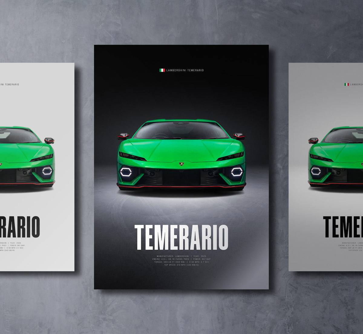 green lamborghini temerario front view dark moody car wall art poster with bold text