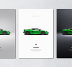 green lamborghini temerario minimalist wall art poster trio showing side profile and engine specs