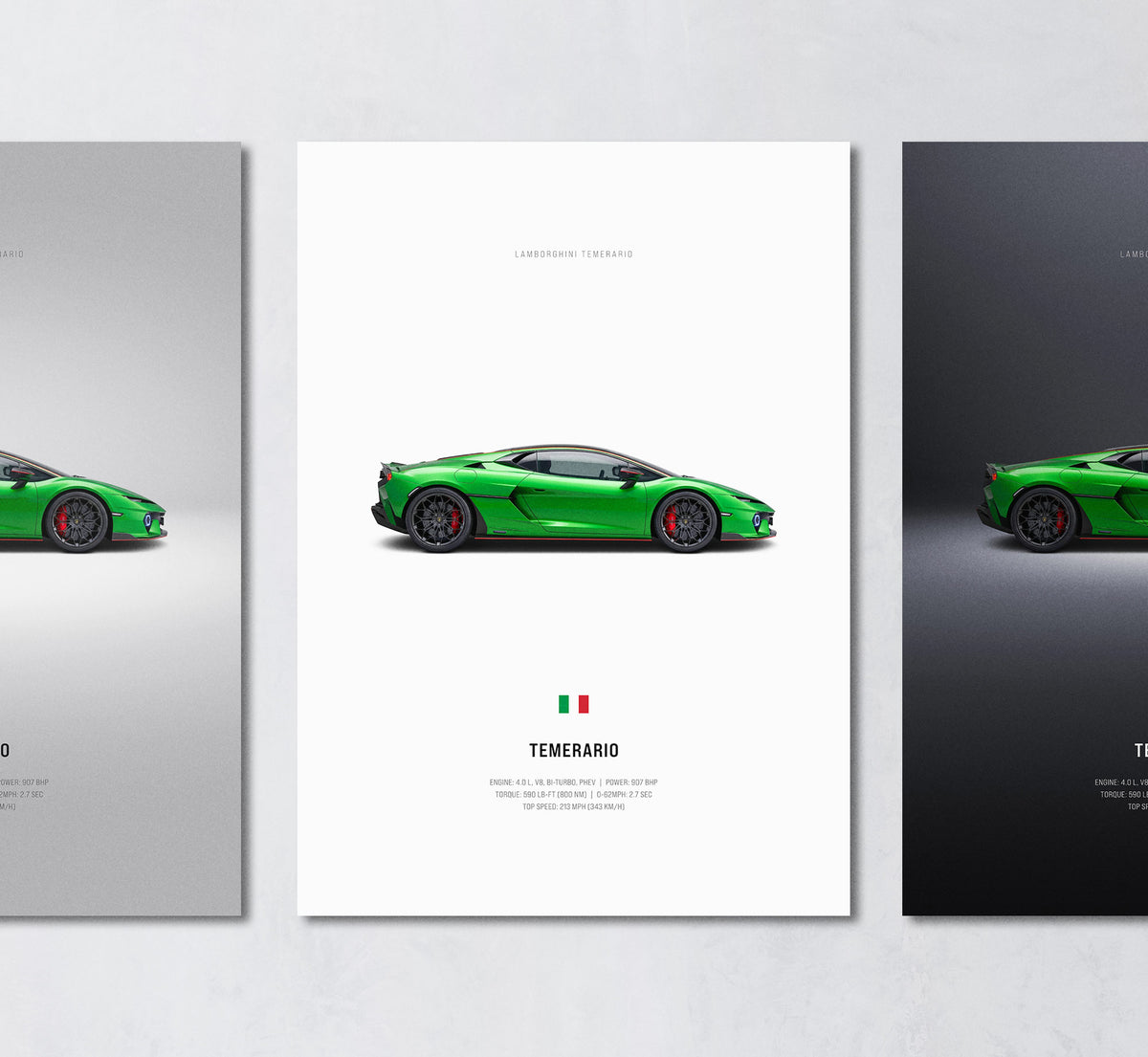 green lamborghini temerario minimalist wall art poster trio showing side profile and engine specs