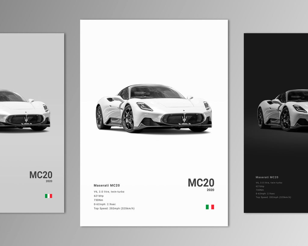 maserati mc20 front profile car poster black and white minimalist design