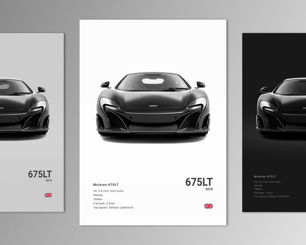 mclaren 675lt front profile car poster black and white minimalist design