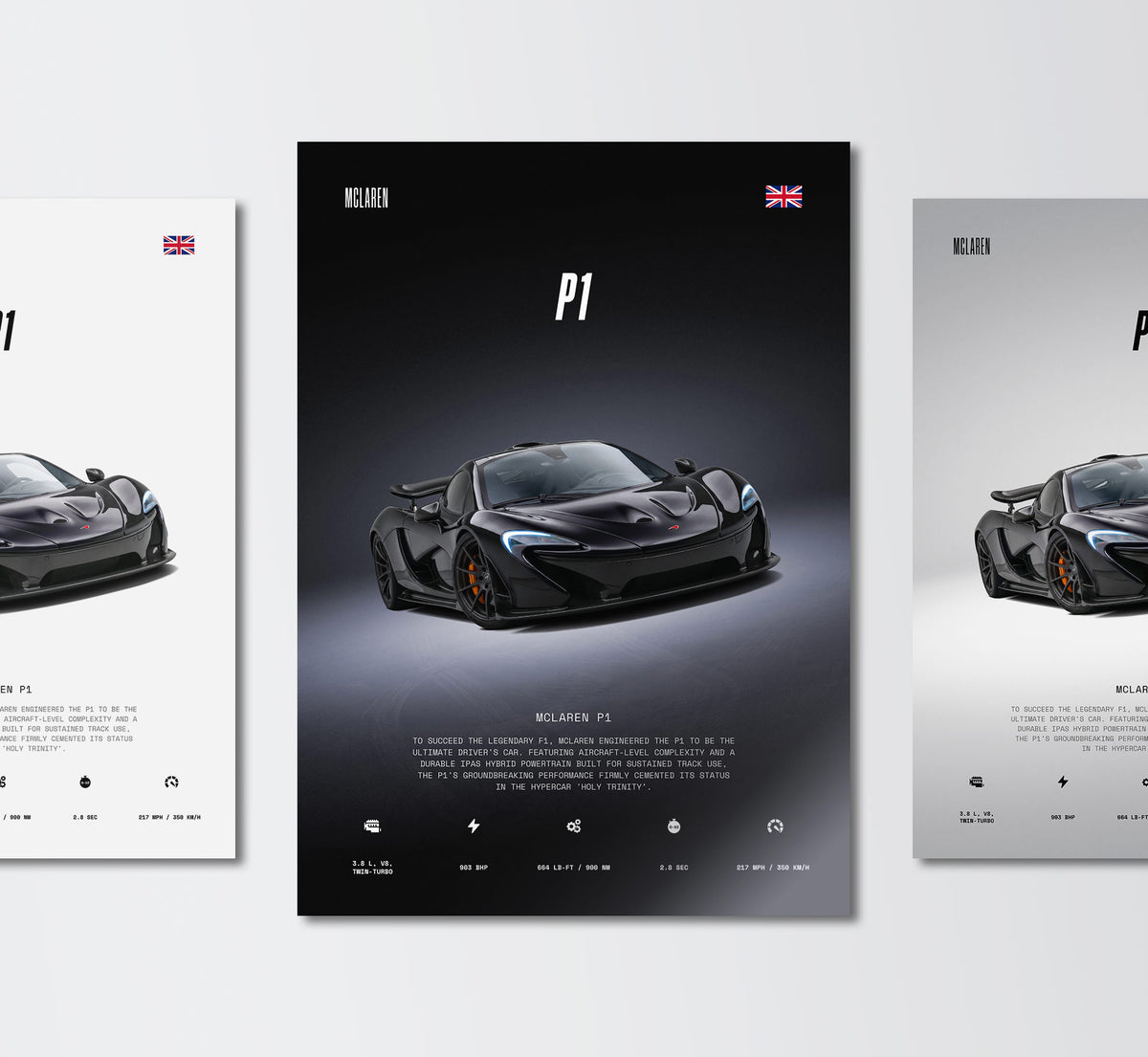 black mclaren p1 wall art poster trio showing front 3/4 view profile and engine technical specs