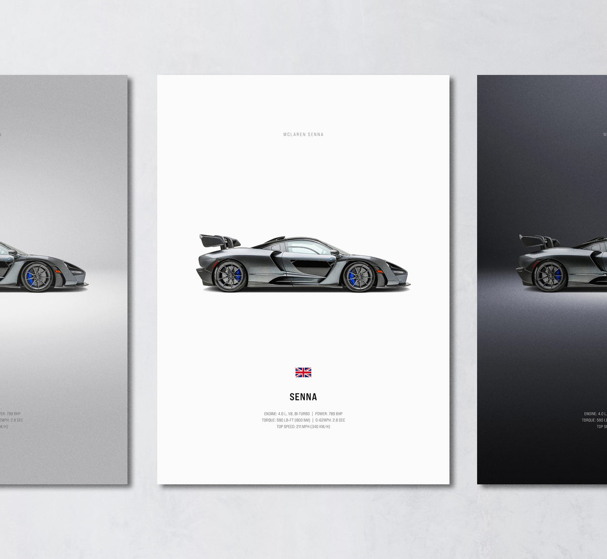 mclaren senna minimalist wall art poster trio showing side profile and engine specs