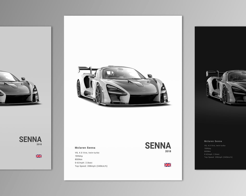 mclaren senna front 3/4 profile car poster black and white minimalist design