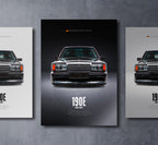 mercedes 190e 2.5-16 evo II 2 front view dark moody car wall art poster with bold text