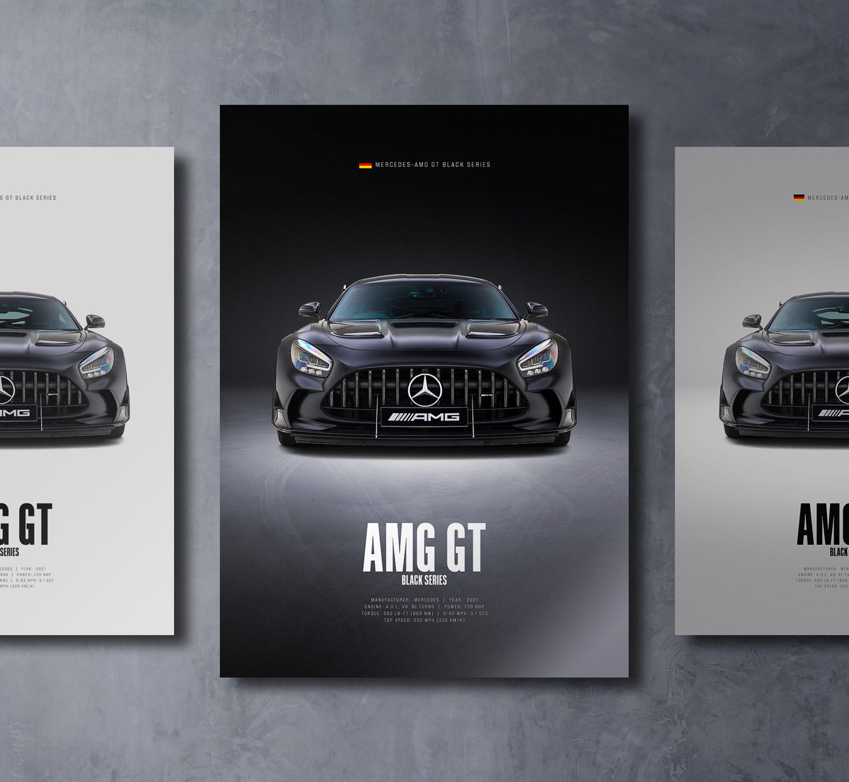 mercedes amg gt black series front view dark moody car wall art poster with bold text