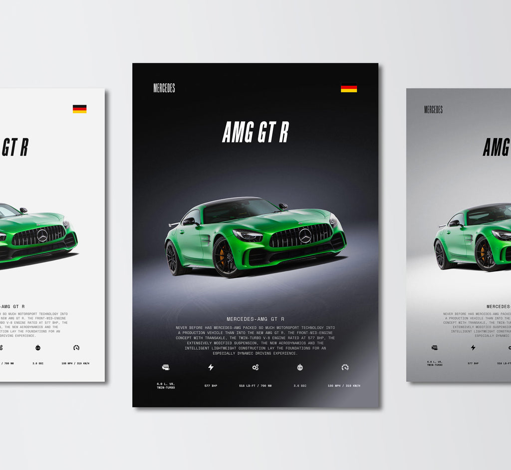 green mercedes amg gt r wall art poster trio showing front 3/4 view profile and engine technical specs