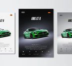 green mercedes amg gt r wall art poster trio showing front 3/4 view profile and engine technical specs