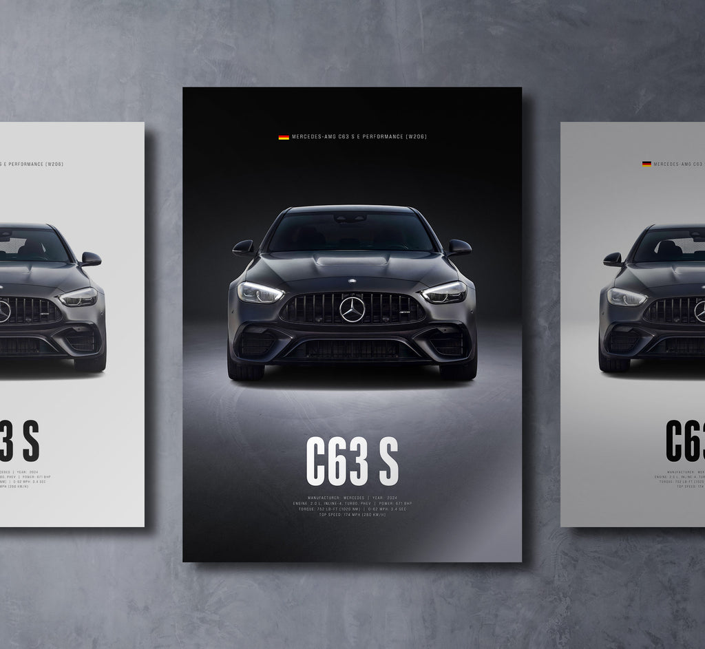 mercedes c63 s w206 e performance front view dark moody car wall art poster with bold text