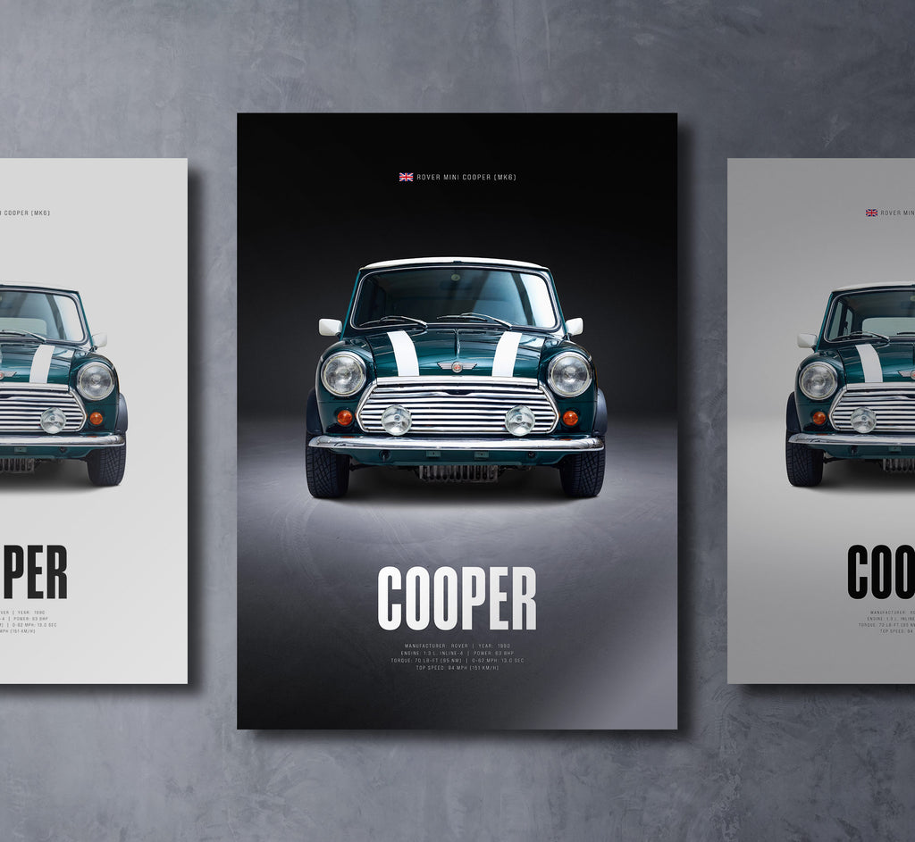 green mini cooper mk6 front view dark moody car wall art poster with bold text