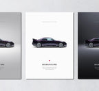 nissan skyline gtr v spec r33 minimalist wall art poster trio showing side profile and engine specs