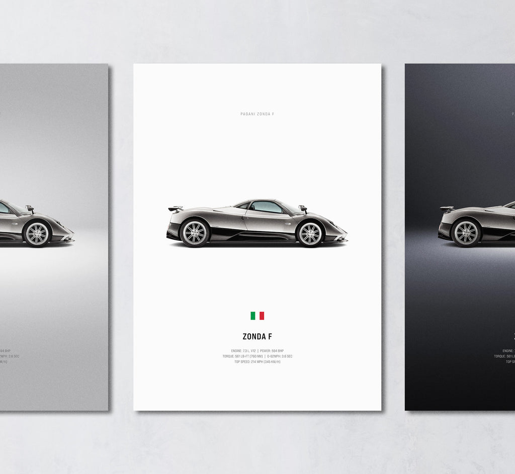 pagani zonda f minimalist wall art poster trio showing side profile and engine specs