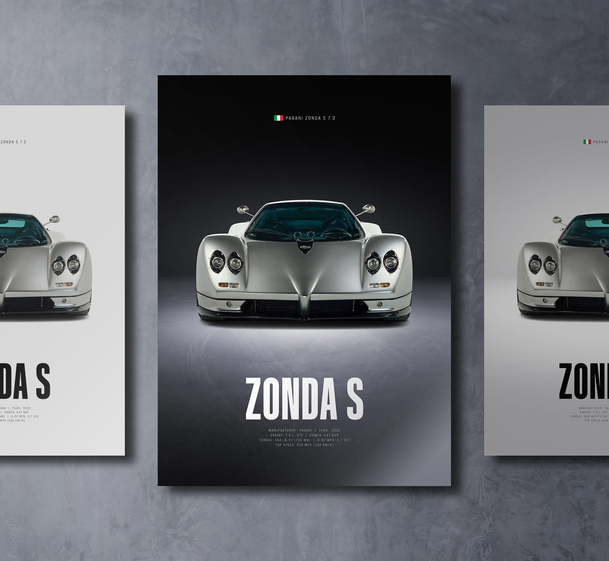 pagani zonda s 7.3 front view dark moody car wall art poster with bold text