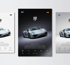 porsche 918 syder wall art poster trio showing front 3/4 view profile and engine technical specs