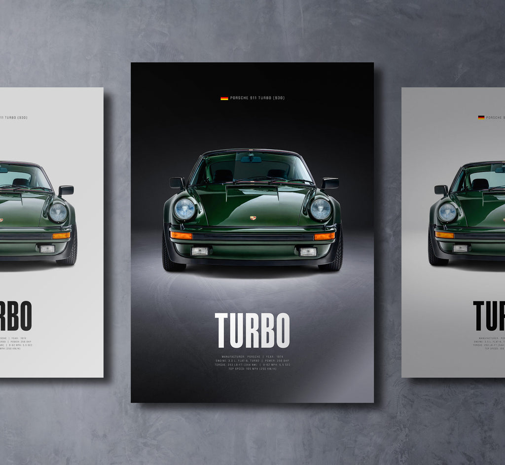 911 turbo 930 front view dark moody car wall art poster with bold text
