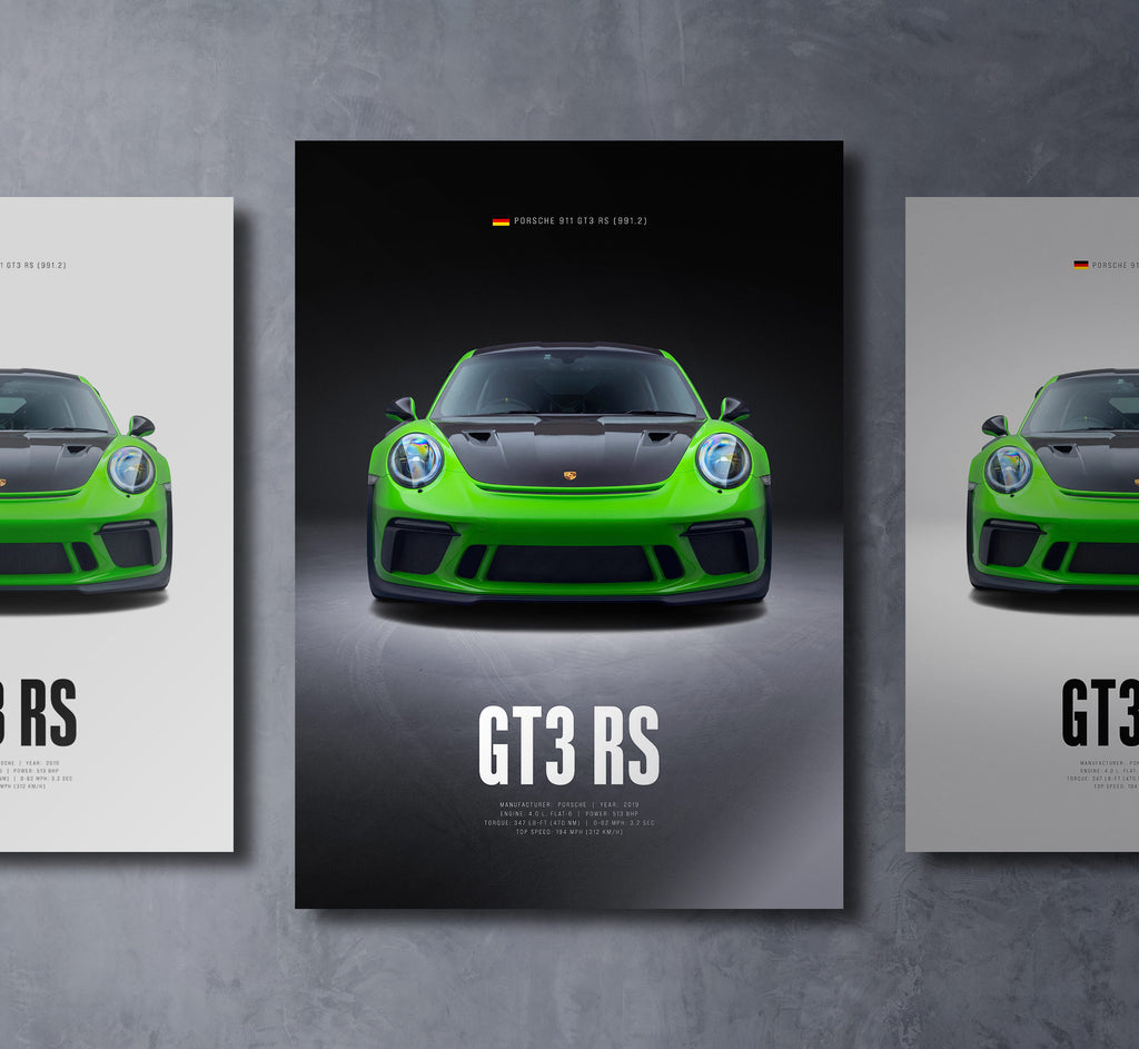 green 911 991.2 gt3 rs front view dark moody car wall art poster with bold text