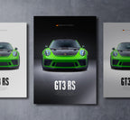 green 911 991.2 gt3 rs front view dark moody car wall art poster with bold text