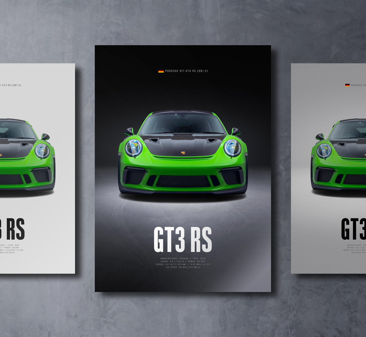 green 911 991.2 gt3 rs front view dark moody car wall art poster with bold text